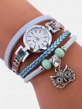 Bohemian Cute Owl Δερμάτινο Βραχιόλι Ρολόι Ethnic Metal Rhinestone Ρολόγια Καρπού Πολλαπλών Στρώσεων