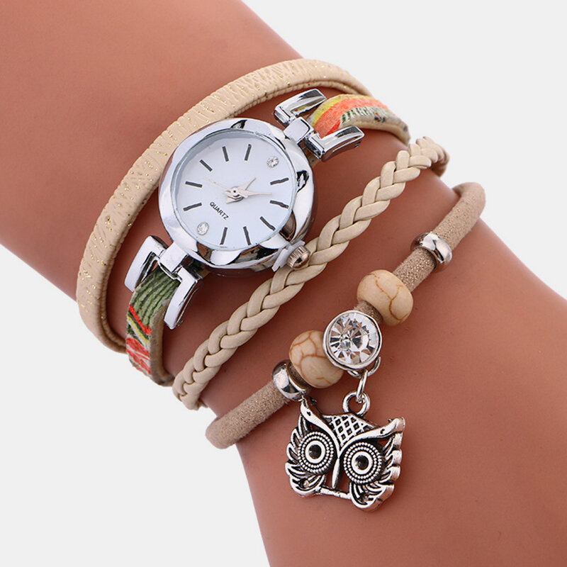 Bohemian Cute Owl Δερμάτινο Βραχιόλι Ρολόι Ethnic Metal Rhinestone Ρολόγια Καρπού Πολλαπλών Στρώσεων