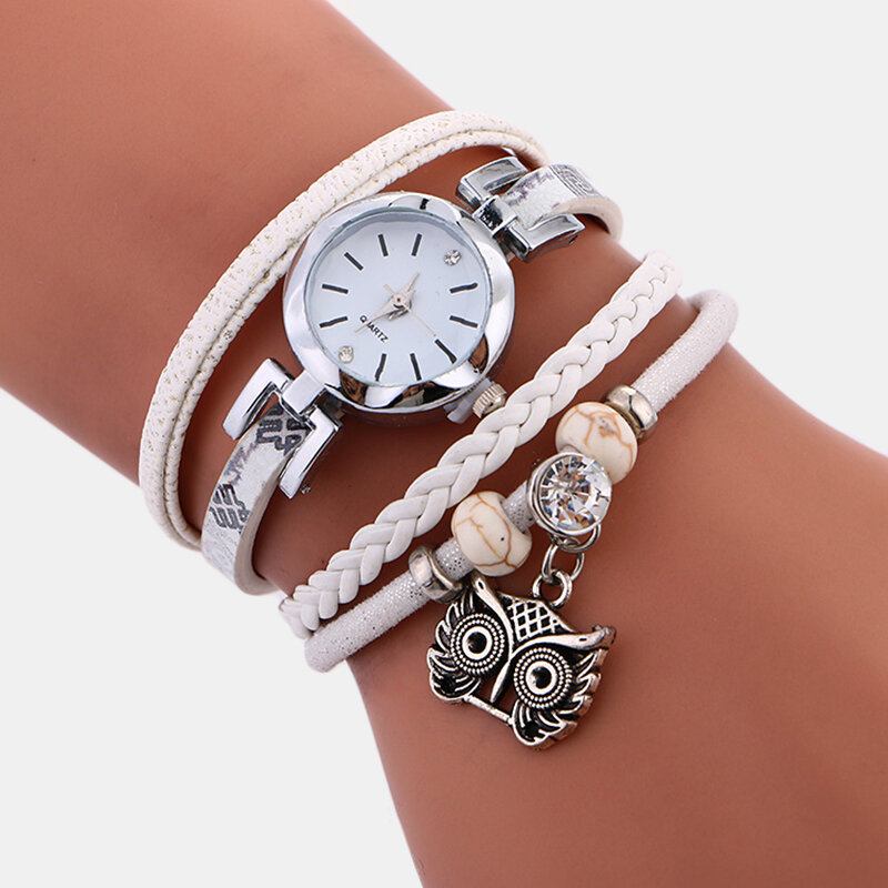 Bohemian Cute Owl Δερμάτινο Βραχιόλι Ρολόι Ethnic Metal Rhinestone Ρολόγια Καρπού Πολλαπλών Στρώσεων