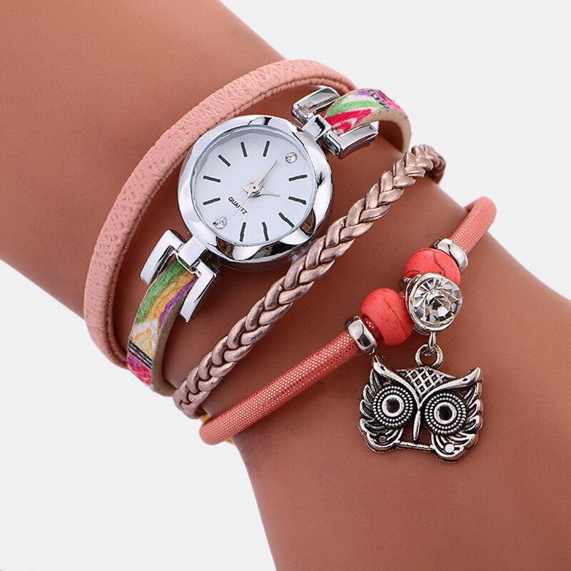 Bohemian Cute Owl Δερμάτινο Βραχιόλι Ρολόι Ethnic Metal Rhinestone Ρολόγια Καρπού Πολλαπλών Στρώσεων