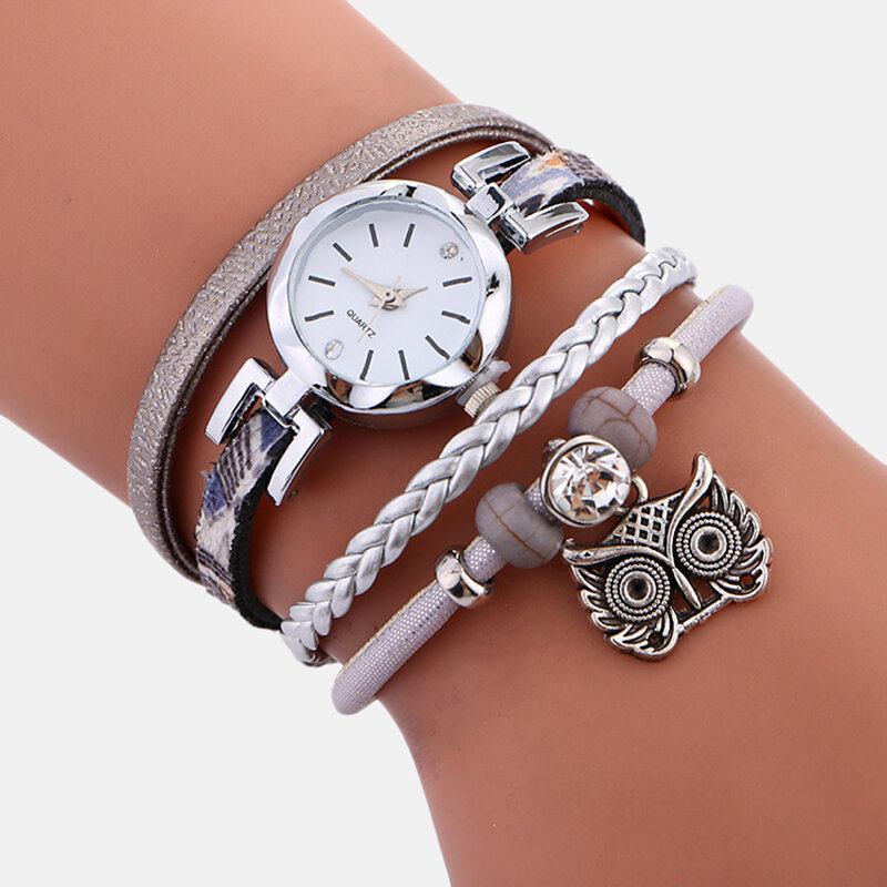 Bohemian Cute Owl Δερμάτινο Βραχιόλι Ρολόι Ethnic Metal Rhinestone Ρολόγια Καρπού Πολλαπλών Στρώσεων