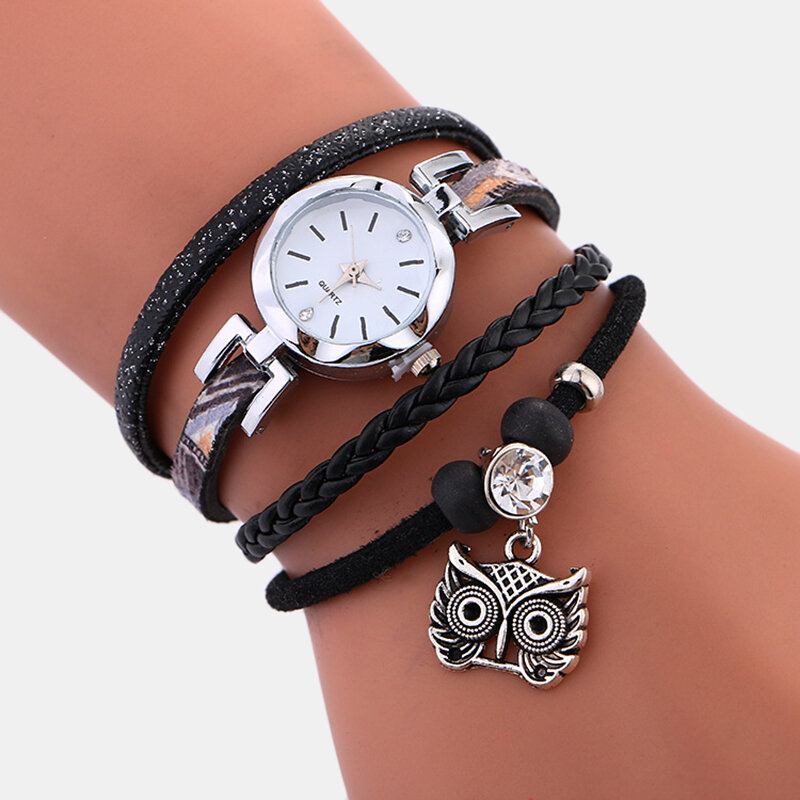 Bohemian Cute Owl Δερμάτινο Βραχιόλι Ρολόι Ethnic Metal Rhinestone Ρολόγια Καρπού Πολλαπλών Στρώσεων