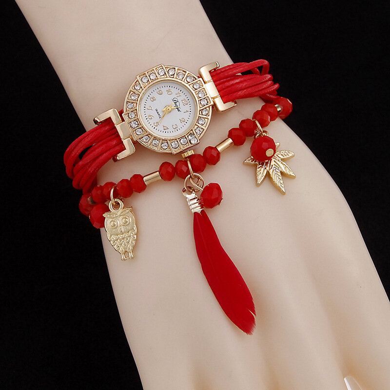 Bohemian Multilayer Bracelet Ρολόγια Γυναικεία Χαλαζία Με Κρεμαστό Φτερό Κουκουβάγιας