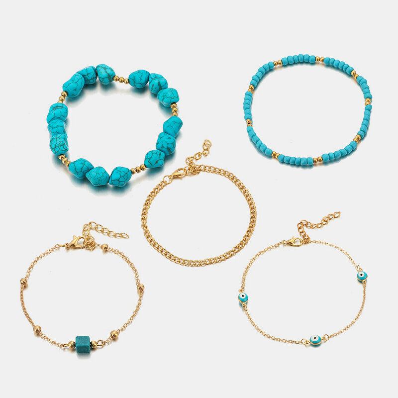 Bohemian Turquoise Multi-layered Beaded Anklet Γεωμετρικό Τετράγωνο Κρεμαστό Μαντήλι Με Αλυσίδα