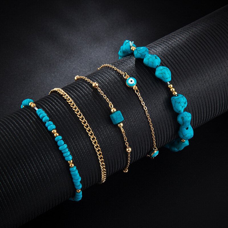 Bohemian Turquoise Multi-layered Beaded Anklet Γεωμετρικό Τετράγωνο Κρεμαστό Μαντήλι Με Αλυσίδα