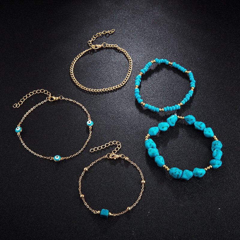 Bohemian Turquoise Multi-layered Beaded Anklet Γεωμετρικό Τετράγωνο Κρεμαστό Μαντήλι Με Αλυσίδα