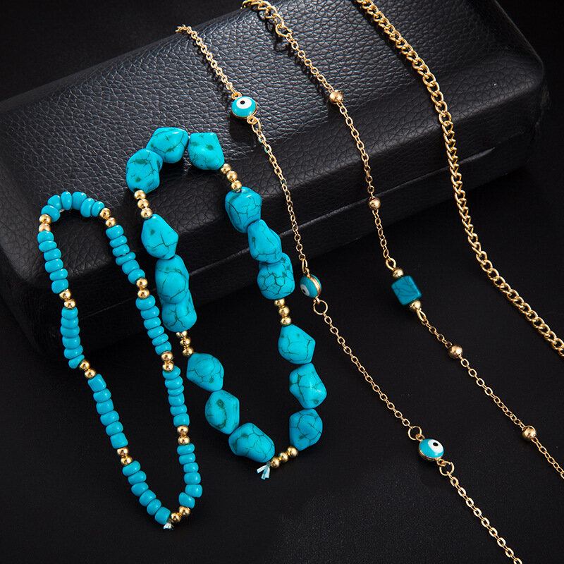 Bohemian Turquoise Multi-layered Beaded Anklet Γεωμετρικό Τετράγωνο Κρεμαστό Μαντήλι Με Αλυσίδα