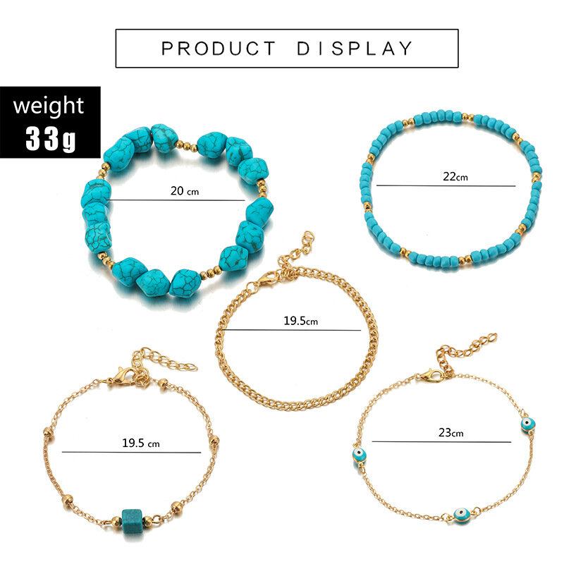 Bohemian Turquoise Multi-layered Beaded Anklet Γεωμετρικό Τετράγωνο Κρεμαστό Μαντήλι Με Αλυσίδα