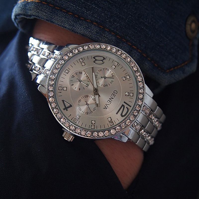 Business Unisex Ρολόι Χειρός Quartz Πολυτελές Rhinestone Από Ανοξείδωτο Ατσάλι Με Λουράκι Για Άντρες