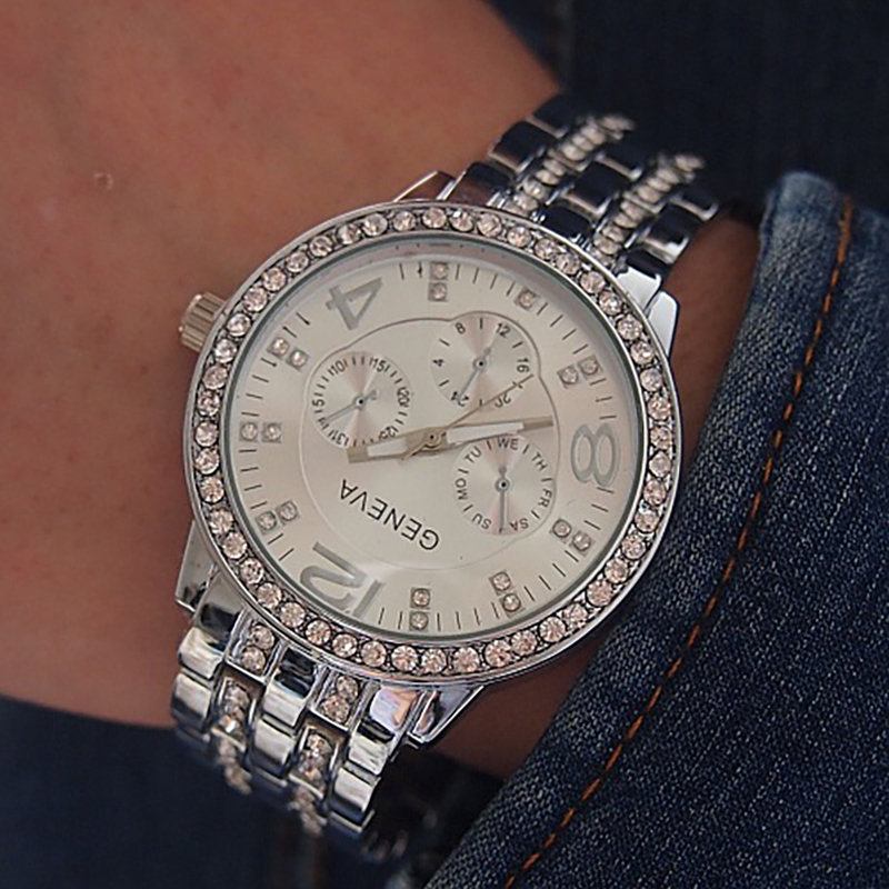 Business Unisex Ρολόι Χειρός Quartz Πολυτελές Rhinestone Από Ανοξείδωτο Ατσάλι Με Λουράκι Για Άντρες