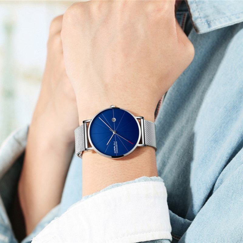 Crrju Unisex Ultra Thin Minimalist Ρολόγια Classic Date Επαγγελματικά Από Πλέγμα Από Ανοξείδωτο Ατσάλι