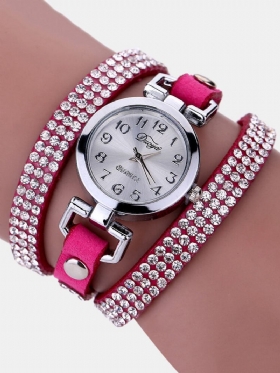 Duoya Fashion Round Dial Wristwatch Full Rhinestones Βραχιόλι Ρολόι Πολυστρωματικό Δερμάτινο Γυναικεία Ρολόγια