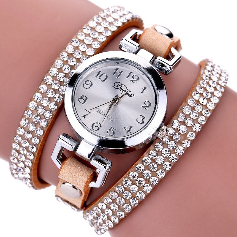 Duoya Fashion Round Dial Wristwatch Full Rhinestones Βραχιόλι Ρολόι Πολυστρωματικό Δερμάτινο Γυναικεία Ρολόγια