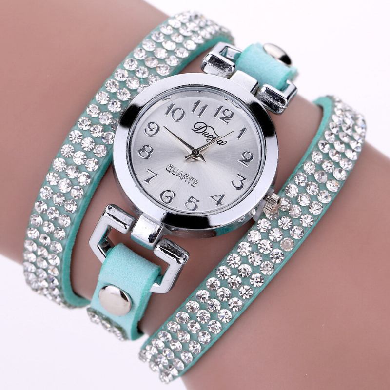 Duoya Fashion Round Dial Wristwatch Full Rhinestones Βραχιόλι Ρολόι Πολυστρωματικό Δερμάτινο Γυναικεία Ρολόγια