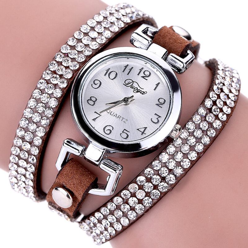 Duoya Fashion Round Dial Wristwatch Full Rhinestones Βραχιόλι Ρολόι Πολυστρωματικό Δερμάτινο Γυναικεία Ρολόγια