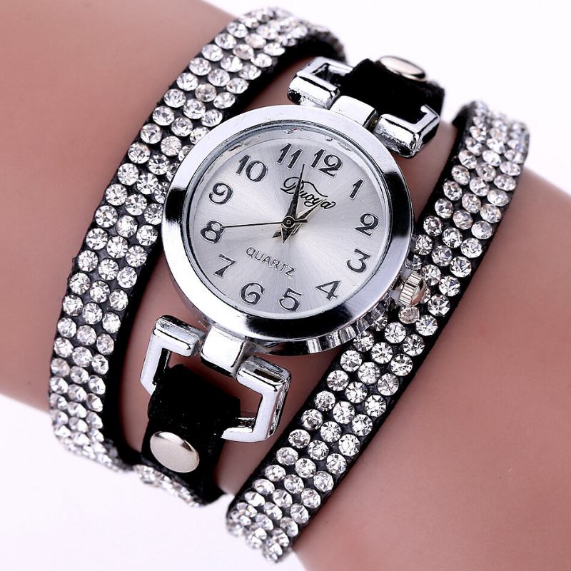 Duoya Fashion Round Dial Wristwatch Full Rhinestones Βραχιόλι Ρολόι Πολυστρωματικό Δερμάτινο Γυναικεία Ρολόγια