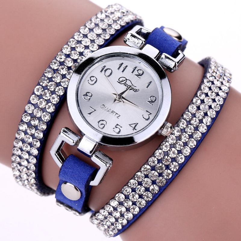 Duoya Fashion Round Dial Wristwatch Full Rhinestones Βραχιόλι Ρολόι Πολυστρωματικό Δερμάτινο Γυναικεία Ρολόγια