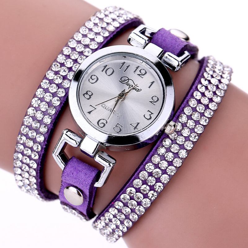 Duoya Fashion Round Dial Wristwatch Full Rhinestones Βραχιόλι Ρολόι Πολυστρωματικό Δερμάτινο Γυναικεία Ρολόγια