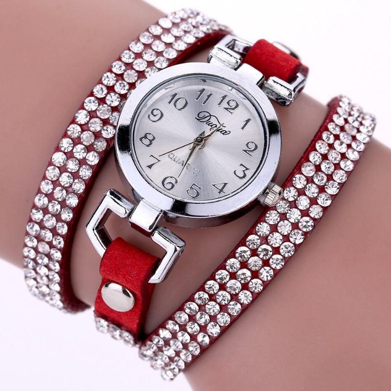 Duoya Fashion Round Dial Wristwatch Full Rhinestones Βραχιόλι Ρολόι Πολυστρωματικό Δερμάτινο Γυναικεία Ρολόγια