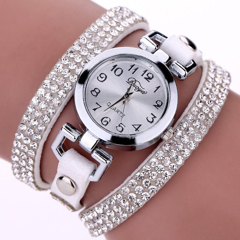 Duoya Fashion Round Dial Wristwatch Full Rhinestones Βραχιόλι Ρολόι Πολυστρωματικό Δερμάτινο Γυναικεία Ρολόγια