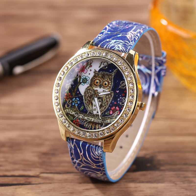 Fashion Owl Flower Leather Rhinestone Quartz Wristband Χονδρικό Γυναικείο Δώρο Ρολογιών