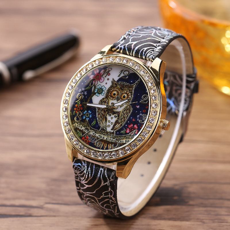 Fashion Owl Flower Leather Rhinestone Quartz Wristband Χονδρικό Γυναικείο Δώρο Ρολογιών