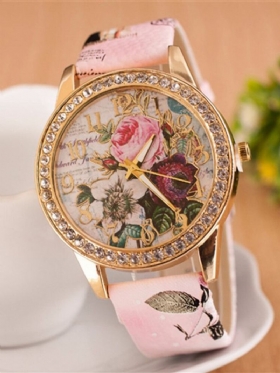 Πλήρες Δερμάτινο Ρολόι Rhinestone Flower Δώρο Για Εκείνη Lady Casual Floral Χειρός Quartz