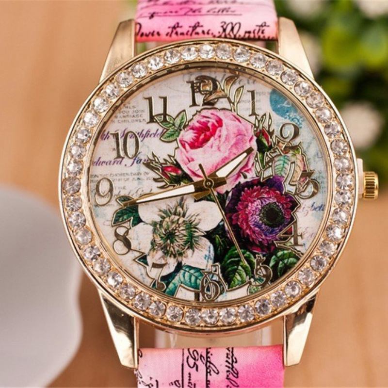 Πλήρες Δερμάτινο Ρολόι Rhinestone Flower Δώρο Για Εκείνη Lady Casual Floral Χειρός Quartz