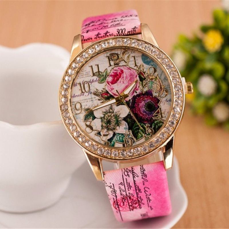 Πλήρες Δερμάτινο Ρολόι Rhinestone Flower Δώρο Για Εκείνη Lady Casual Floral Χειρός Quartz