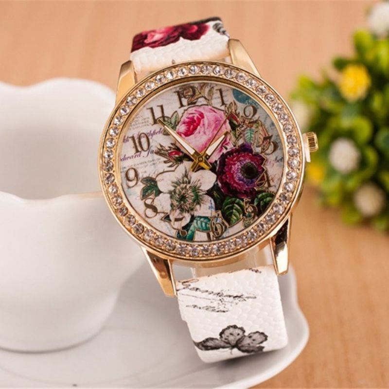 Πλήρες Δερμάτινο Ρολόι Rhinestone Flower Δώρο Για Εκείνη Lady Casual Floral Χειρός Quartz