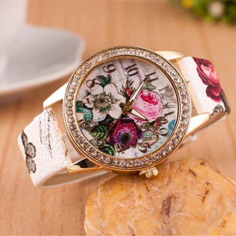 Πλήρες Δερμάτινο Ρολόι Rhinestone Flower Δώρο Για Εκείνη Lady Casual Floral Χειρός Quartz