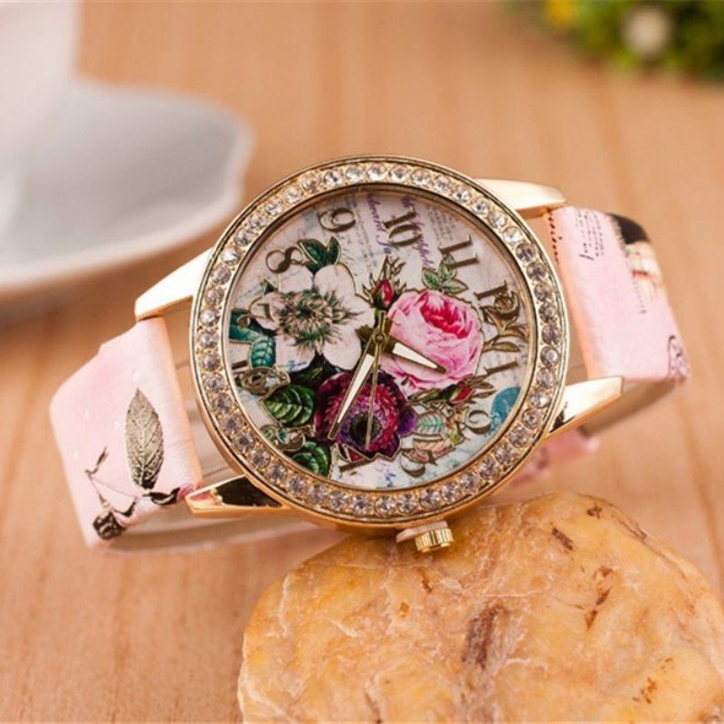 Πλήρες Δερμάτινο Ρολόι Rhinestone Flower Δώρο Για Εκείνη Lady Casual Floral Χειρός Quartz