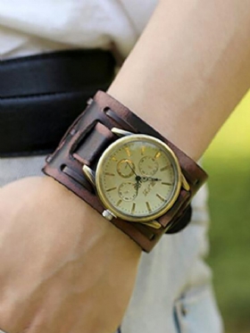 Ρολόι Vintage Δερμάτινο Βραχιόλι Αγελάδας Unisex Quartz Με Ρυθμιζόμενο Καρφί Πολλαπλών Στρώσεων