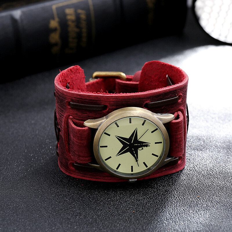 Ρολόι Vintage Δερμάτινο Βραχιόλι Αγελάδας Unisex Quartz Με Ρυθμιζόμενο Καρφί Πολλαπλών Στρώσεων