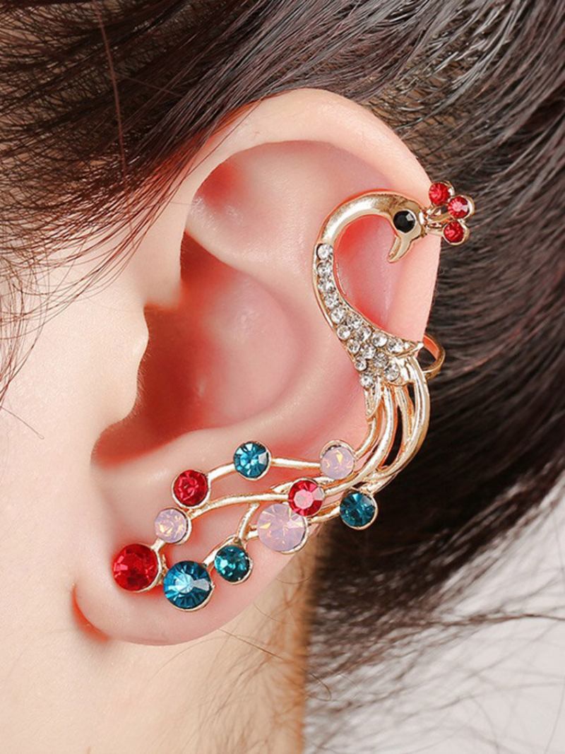 1 Τμχ Ασημένια Ethnic Peacock Σκουλαρίκια Πολύχρωμα Rhinestones Ear Cuff Χόνδρινο Για Γυναίκες