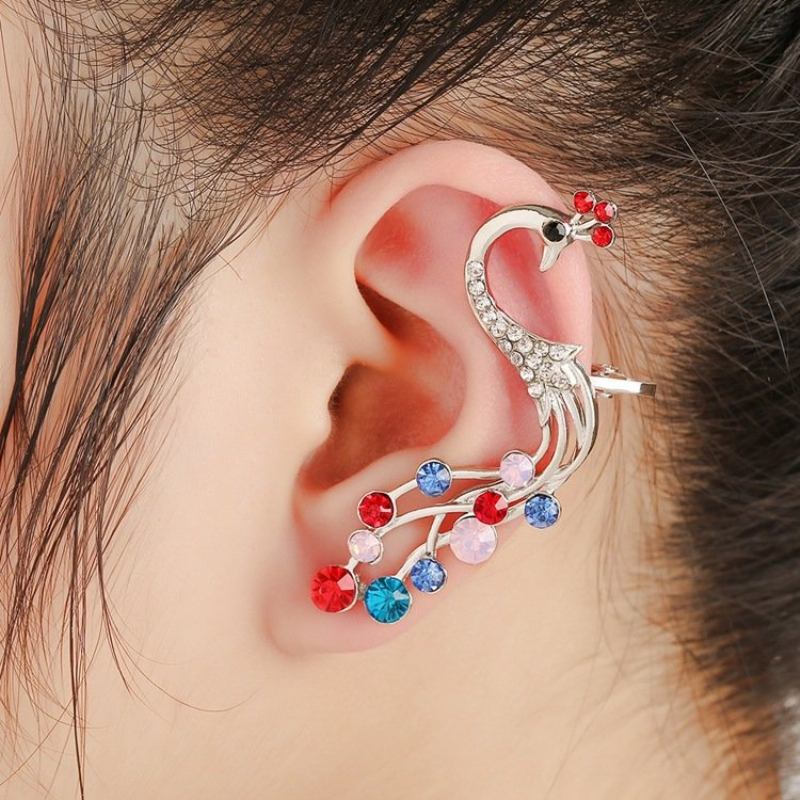 1 Τμχ Ασημένια Ethnic Peacock Σκουλαρίκια Πολύχρωμα Rhinestones Ear Cuff Χόνδρινο Για Γυναίκες