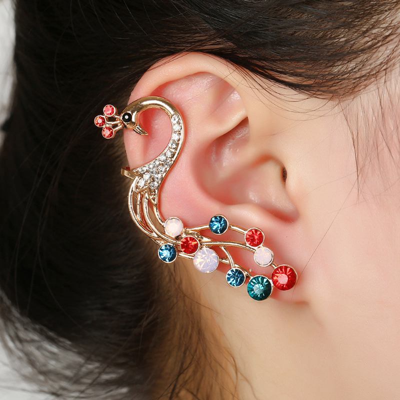 1 Τμχ Ασημένια Ethnic Peacock Σκουλαρίκια Πολύχρωμα Rhinestones Ear Cuff Χόνδρινο Για Γυναίκες