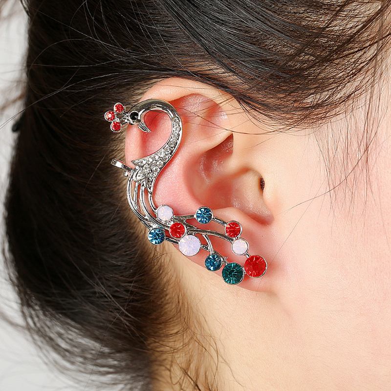 1 Τμχ Ασημένια Ethnic Peacock Σκουλαρίκια Πολύχρωμα Rhinestones Ear Cuff Χόνδρινο Για Γυναίκες