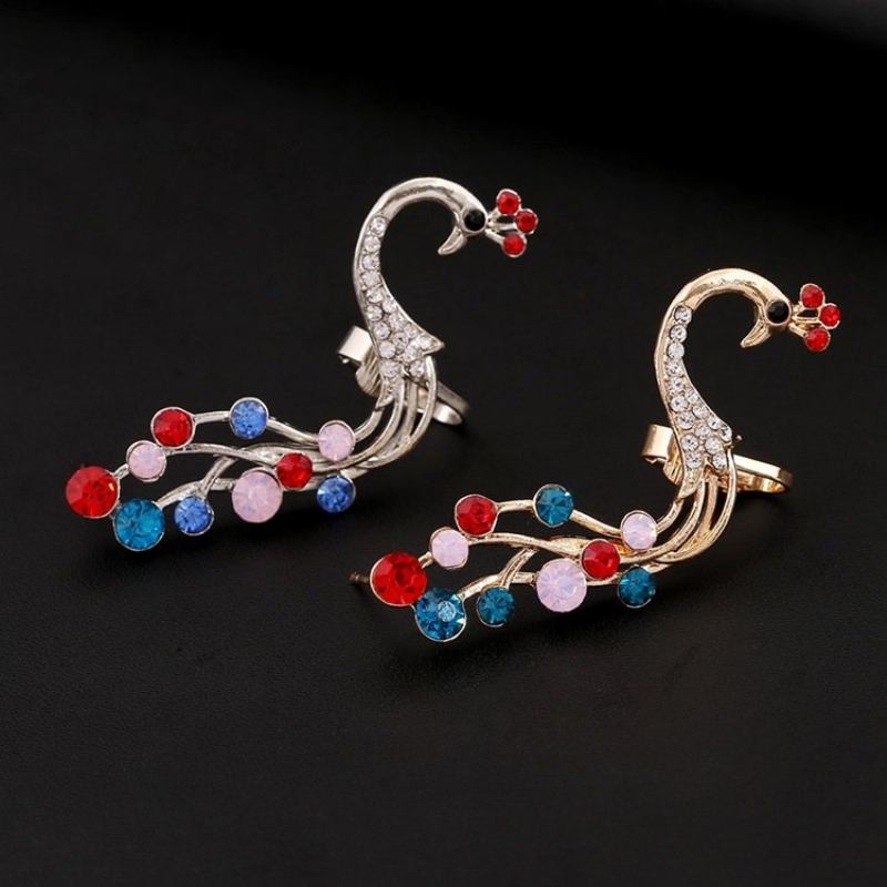 1 Τμχ Ασημένια Ethnic Peacock Σκουλαρίκια Πολύχρωμα Rhinestones Ear Cuff Χόνδρινο Για Γυναίκες