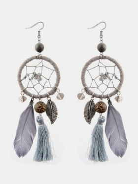 Bohemian Geometric Dreamcatcher Κρεμαστά Μακριά Σκουλαρίκια Μεταλλικά Πουπουλένια Φούντα Τιρκουάζ