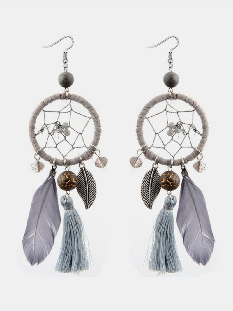 Bohemian Geometric Dreamcatcher Κρεμαστά Μακριά Σκουλαρίκια Μεταλλικά Πουπουλένια Φούντα Τιρκουάζ