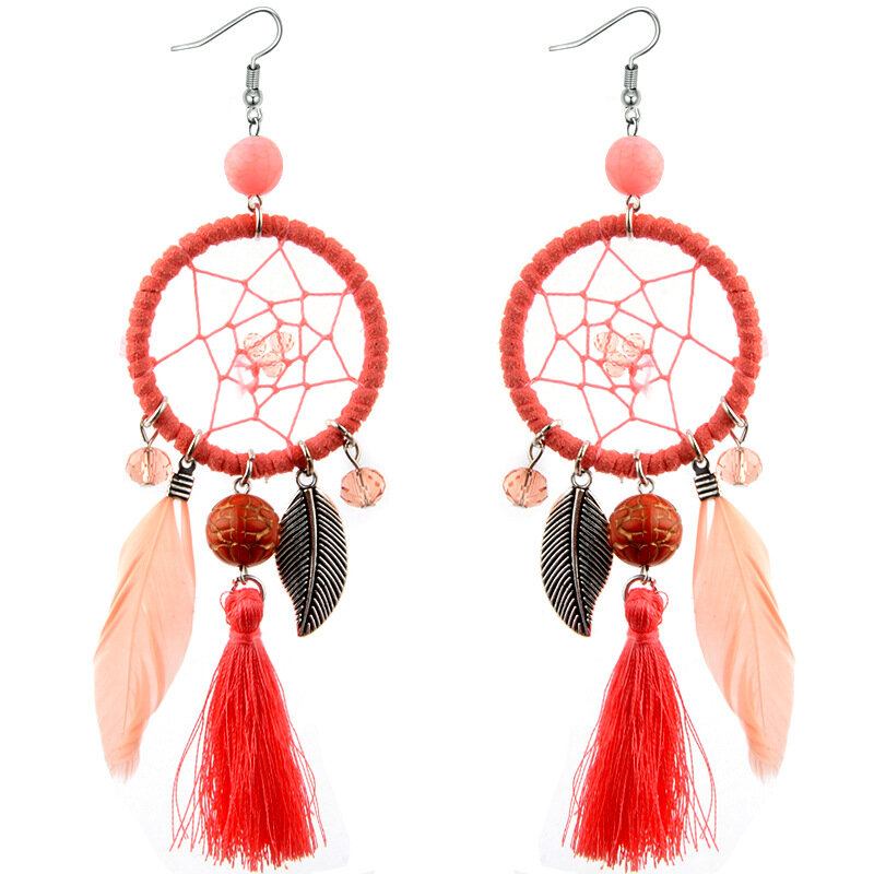 Bohemian Geometric Dreamcatcher Κρεμαστά Μακριά Σκουλαρίκια Μεταλλικά Πουπουλένια Φούντα Τιρκουάζ