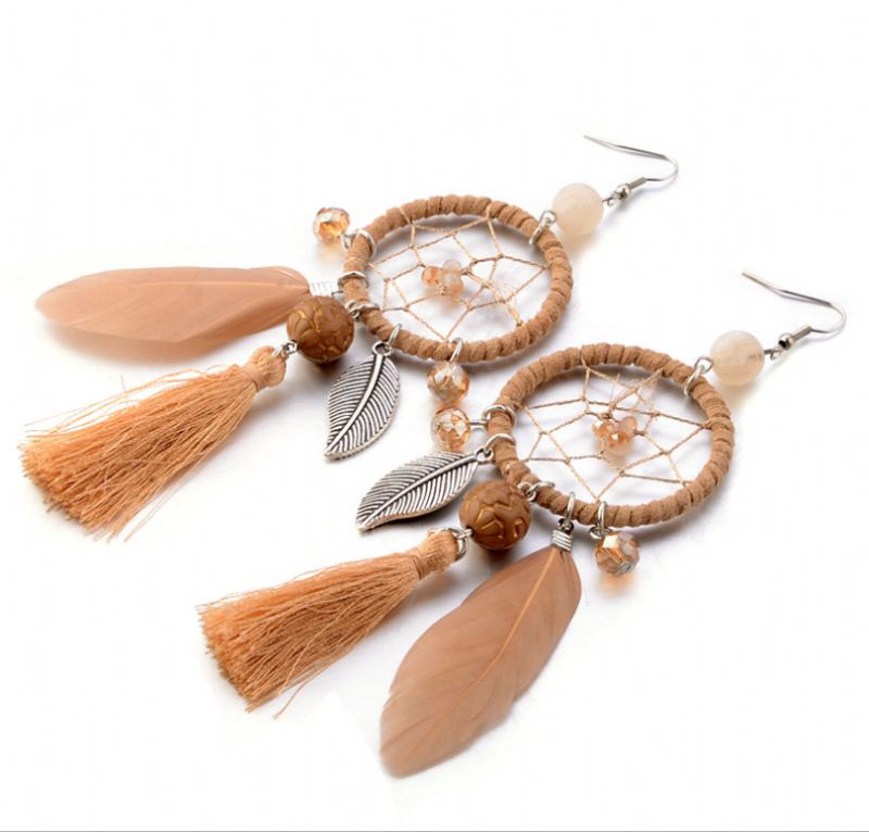 Bohemian Geometric Dreamcatcher Κρεμαστά Μακριά Σκουλαρίκια Μεταλλικά Πουπουλένια Φούντα Τιρκουάζ