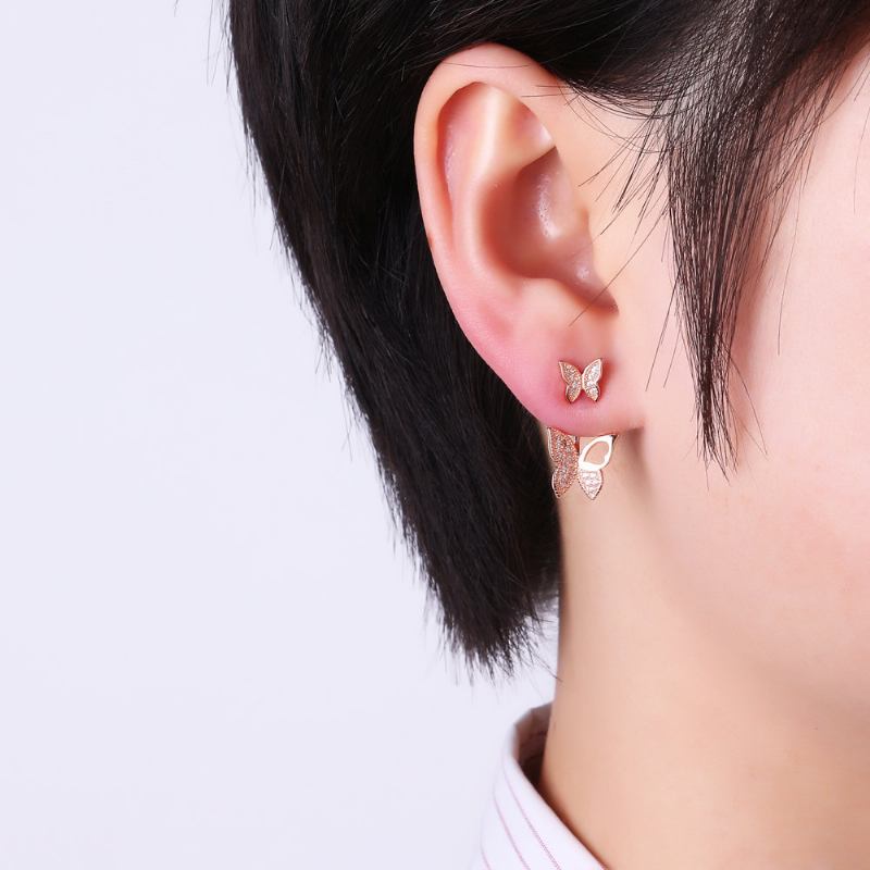 Γλυκά Ασημένια 925 Ροζ Χρυσά Σκουλαρίκια Full Zirconia Butterfly Piercing Ear Jackets Για Γυναίκες