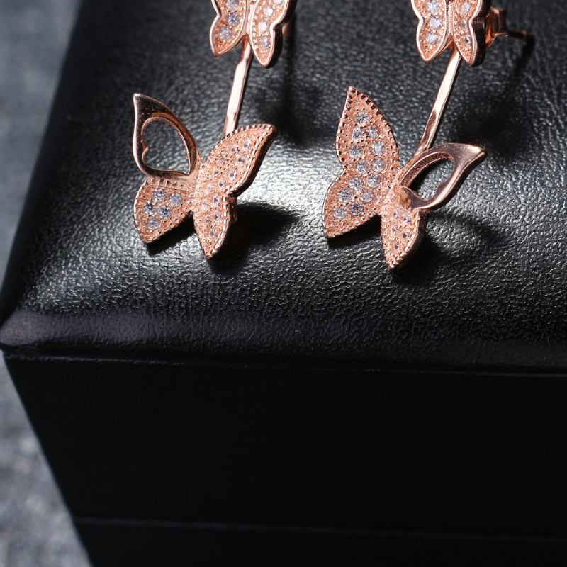 Γλυκά Ασημένια 925 Ροζ Χρυσά Σκουλαρίκια Full Zirconia Butterfly Piercing Ear Jackets Για Γυναίκες