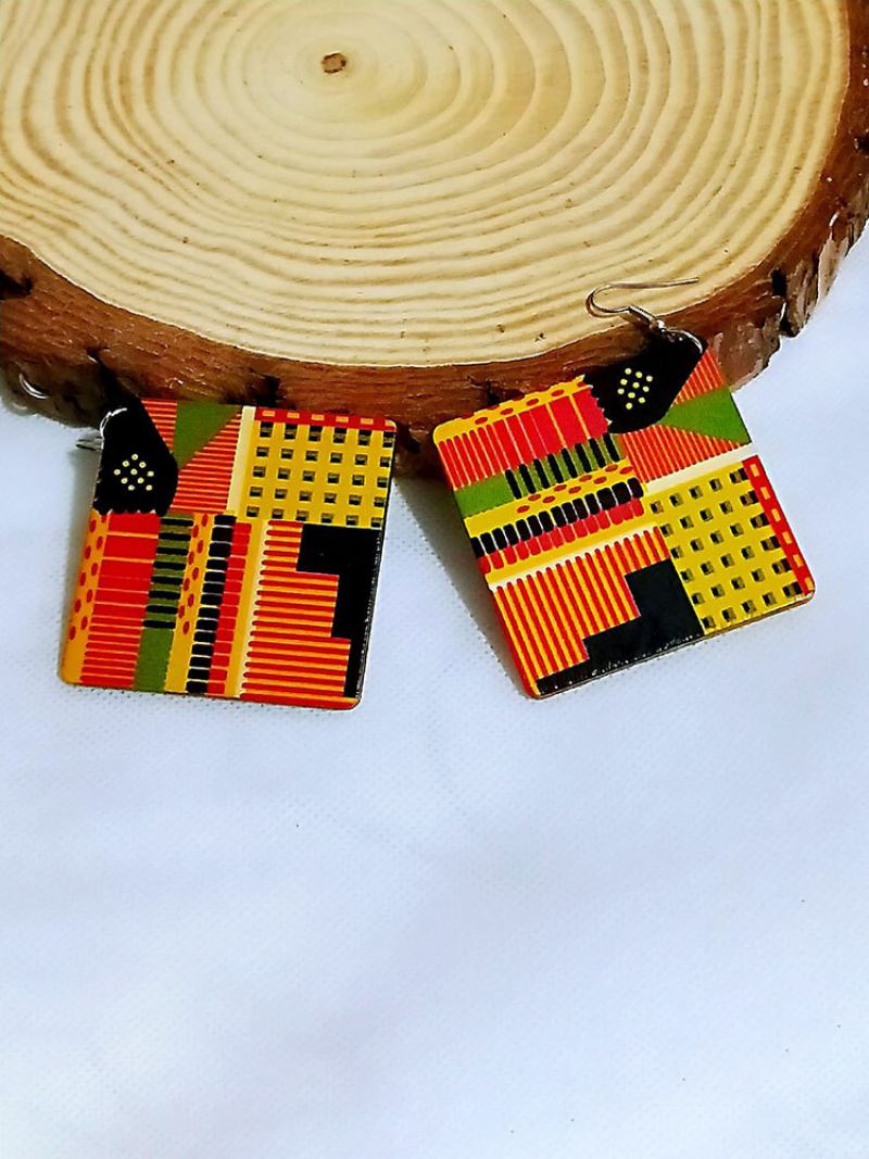 Ξύλινα Vintage Τετράγωνα Σκουλαρίκια Graphic Engraving Printing Exaggerated Earrings