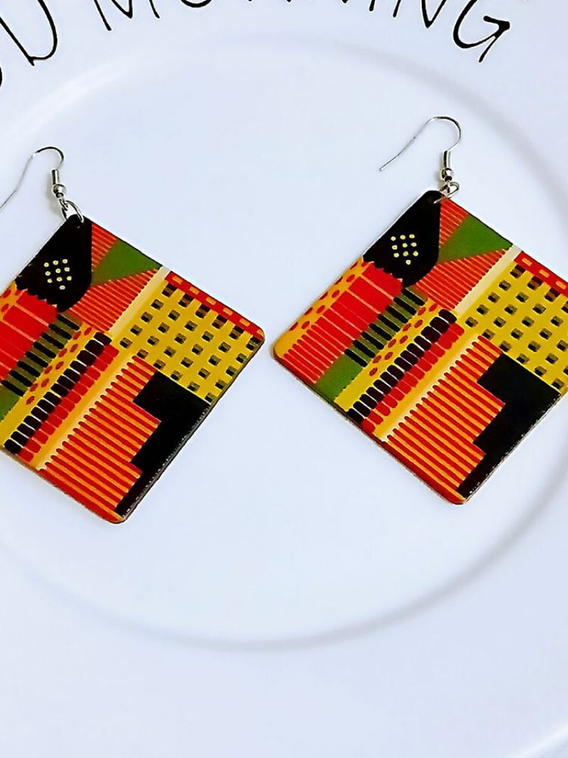 Ξύλινα Vintage Τετράγωνα Σκουλαρίκια Graphic Engraving Printing Exaggerated Earrings