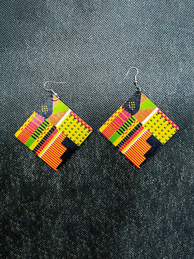 Ξύλινα Vintage Τετράγωνα Σκουλαρίκια Graphic Engraving Printing Exaggerated Earrings