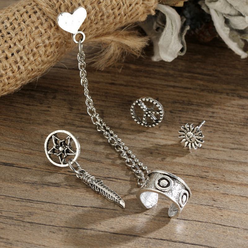 Punk Alloy Peace Symbol Sun Leaf Heart Stud Σκουλαρίκια 4 Τμχ/σετ Γυναικεία