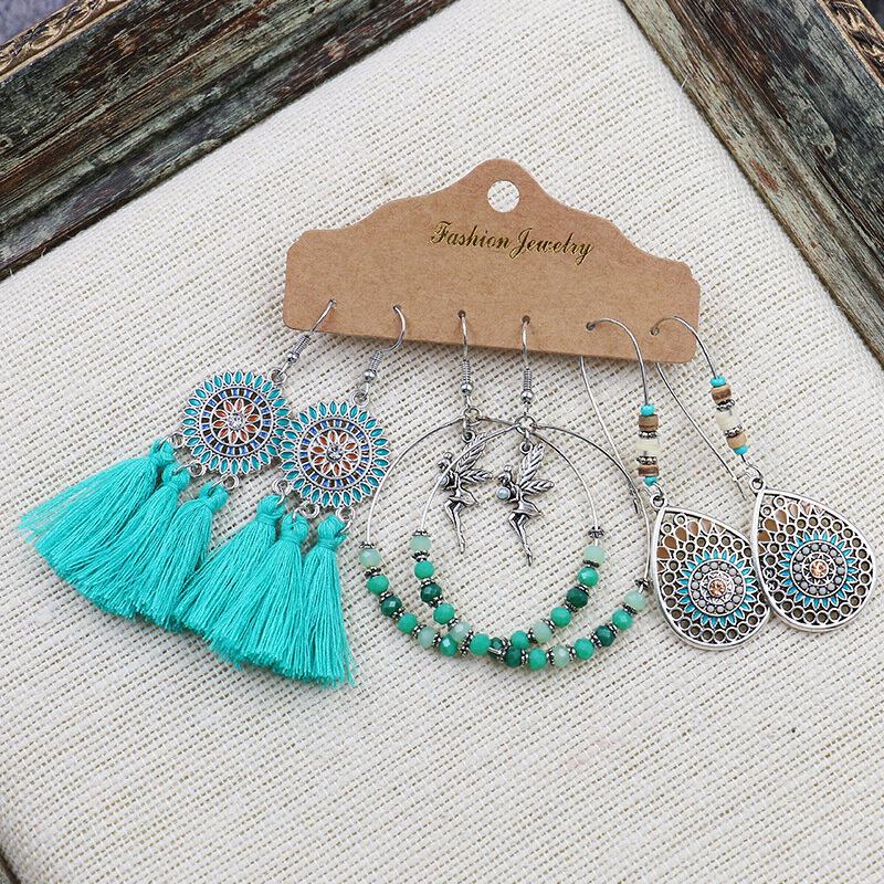 Σετ Σκουλαρίκια Με Φούντα Bohemian Geometric Dreamcatcher Ethnic Κούφια Με Σταγόνα Νερού